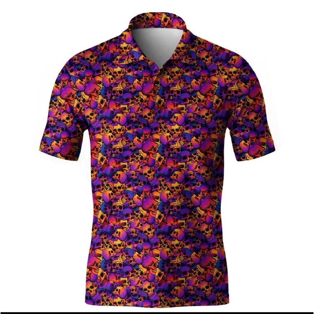 Obnoxious Golf Neon Skull Polo Men’s L Purple Orange Halloween Golf Shirt NWOT